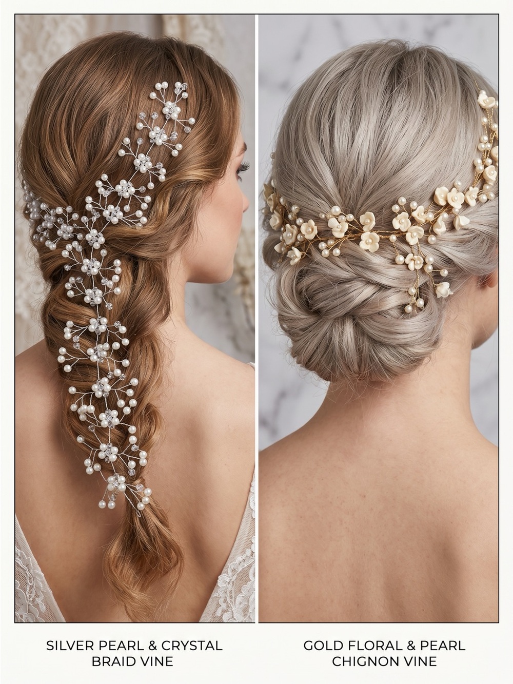 2 x Gold Floral & Pearl Chignon Vine Hairpiece - Elegant Bridal Hair Accessory